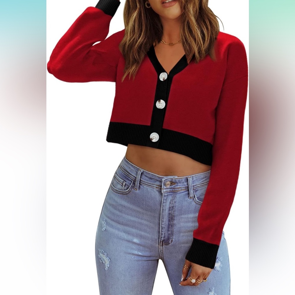 Red and Black Women's Cardigan Sweater - Picture 4 of 5